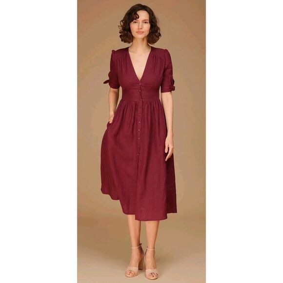 Linen Handmade Studio Burgundy Linen Midi Dress Size S - Picture 1 of 7